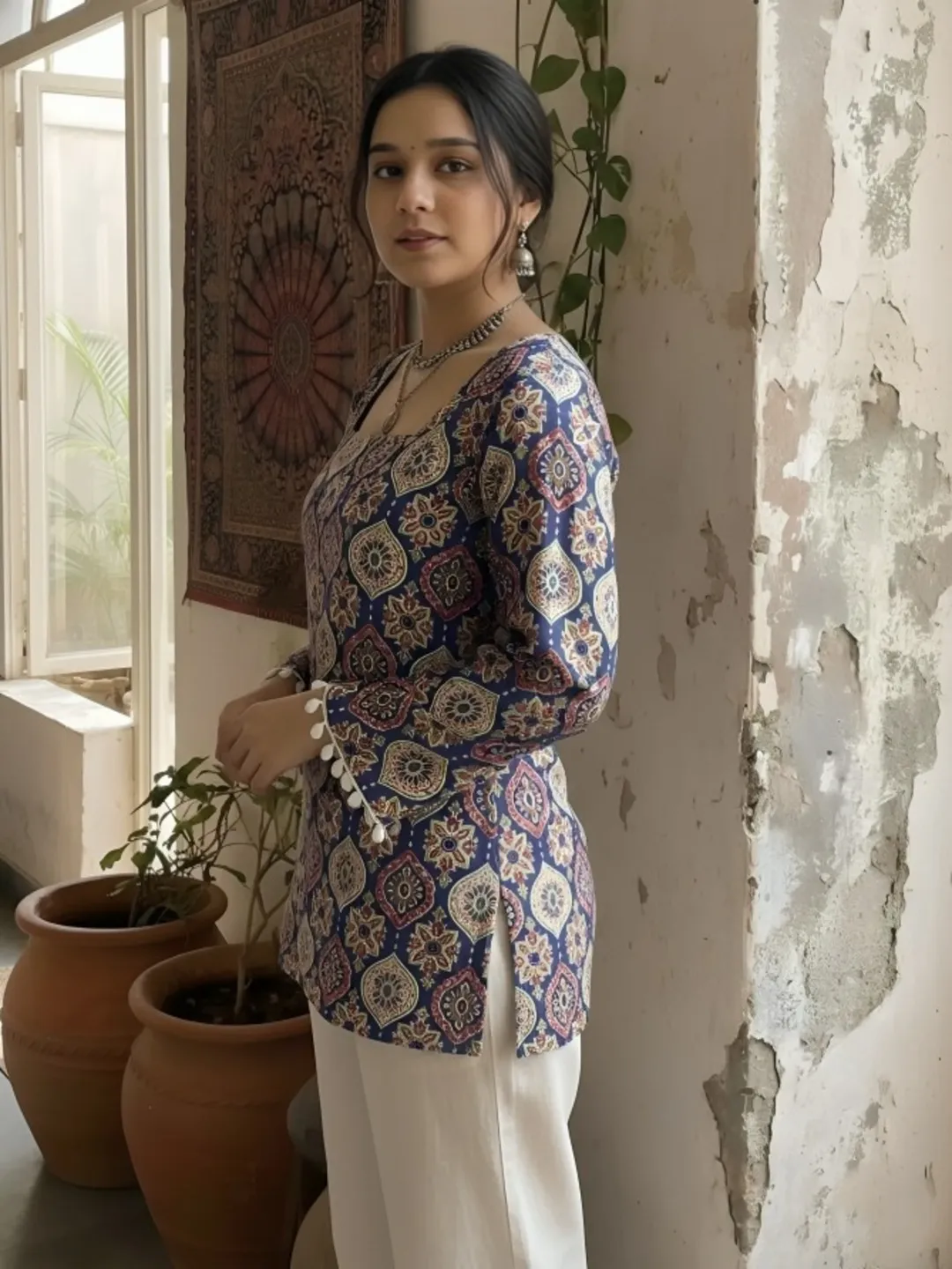 Women Blue Printed Straight Kurti Top with Square Neck With Back Dori
